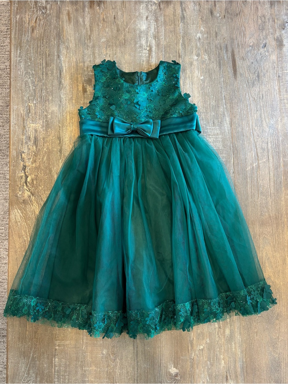 Girls Emerald Green Lace & Tulle Party Dress with Bow - Size 12